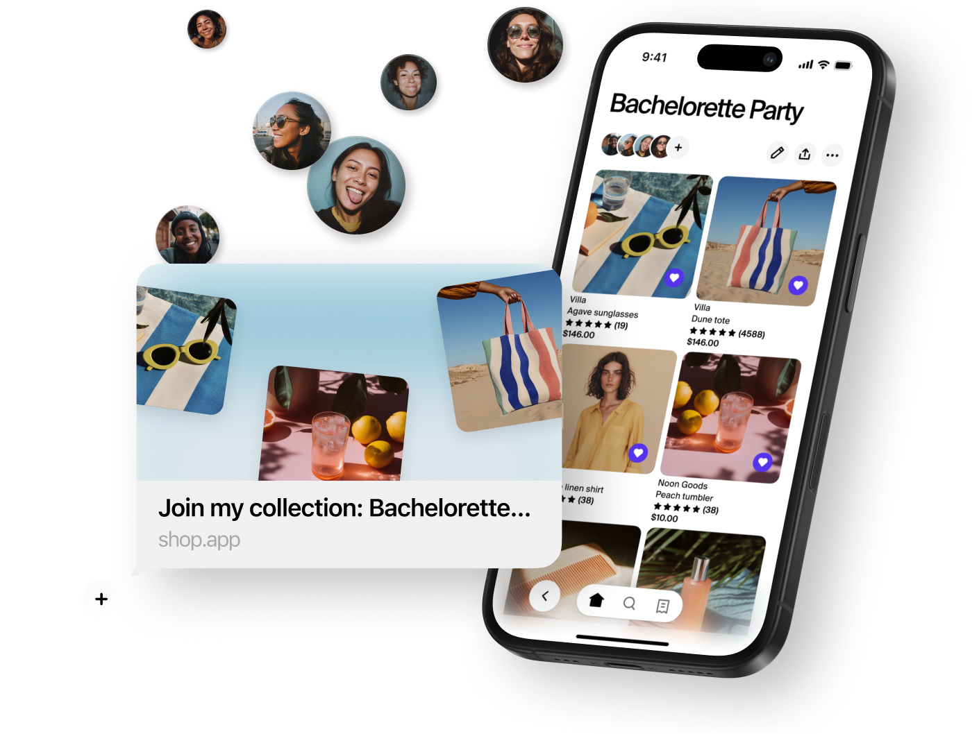 A message bubble with a beautiful share image inviting friends to join the Shop app collection called 'Bachelorette Party'.  The collection includes products such as sunglasses, a tote bag, and a glass tumbler.